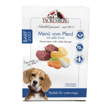 Menu Tackenberg BARF 2-GO dla koni z 70% mięsa, ziemniakami, marchewką i serem, idealne w podróży.