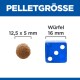 Bild, das die Größe von Haustierfutterpellets mit einem blauen Würfel vergleicht; die Pelletabmessungen betragen 12,5 x 5 mm, der Würfel misst 16 mm. Der Text lautet "PELLETGRÖSSE" und "Würfel."