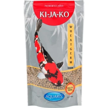 Premium Koi-Futterverpackung mit einem bunten Koi-Fisch, beschriftet mit "KI-JA-KO WHEATGERM 6mm," mit "EASY TO DIGEST" hervorgehoben.