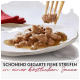 Delikatne paski mięsa w sosie na białym talerzu, z pałeczkami podnoszącymi kawałek. Tekst: "Schonend gegarte feine Streifen in Sauce."