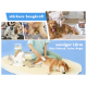 Bild eines Haustierpflege-Staubsaugers mit einer Person, die ihn an einem entspannten Shiba Inu verwendet. Der Text hebt 'stärkere Saugleistung' und 'weniger Lärm' hervor.
