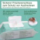 Hundetuchverpackung mit einem sicheren Frischhalteverschluss. Hervorhebungen: "wiederverwendbarer Deckel", "extra haftend" und sanfte Reinigungshinweise.