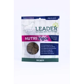 Leader Nutri Vigor dog treats package with clear window showing square treats. Highlights: "Aids mobility," "Rich in omega oils," "30% salmon."