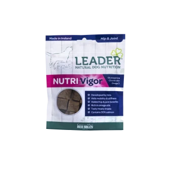 Leader Nutri Vigor dog treats package with clear window showing square treats. Highlights: "Aids mobility," "Rich in omega oils," "30% salmon."