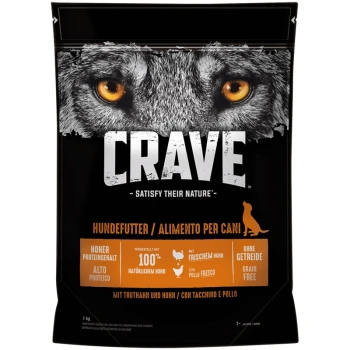 Eine Tüte CRAVE Hundefutter mit dem Gesicht eines Wolfes, mit dem Text "Satisfy Their Nature", "Hundefutter / Alimento per Cani" und "Grain Free".