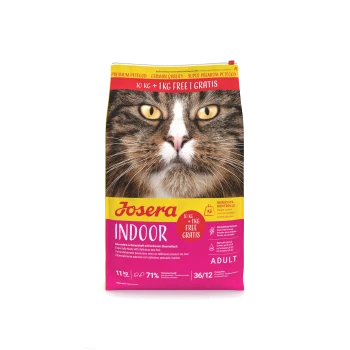 Tüte Josera Indoor Katzenfutter für erwachsene Katzen mit großem Katzenkopf; gelb-rosa Verpackung mit dem Aufdruck '10 KG + 1KG FREE / GRATIS'.