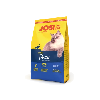 JosiCat Crispy Duck Katzenfutterbeutel für erwachsene Katzen, 650 g, gelbe und blaue Verpackung mit Katzenbild und Text „72 % tierisches Protein“.