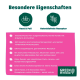 Green Petfood-Infografik: Vorteile einer getreidefreien Insekten-Hundenahrung (Deutsch); Überschriften „Besondere Eigenschaften“, „Haut & Fell“.