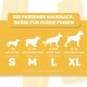 Infografik mit Empfehlungen zur Snackgröße für Hunde basierend auf dem Gewicht: Klein (1-8 kg), Mittel (6-14 kg), Groß (12-20 kg), Extra Groß (20+ kg).