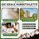 Bild zur Förderung einer Hundetoilettenlösung: "Die ideale Hundetoilette." Merkmale sind eine rutschfeste Matte, einfache Handhabung und einfache Reinigung.