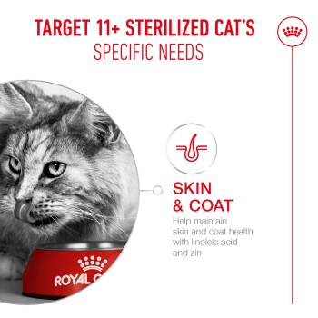 Target 11+ sterilized cat's specific needs for skin & coat health with linoleic acid and zinc, featuring a cat and Royal Canin bowl.