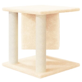 Ein beiger Kratzbaum für Katzen mit quadratischem Oberteil und zwei strukturierten Kratzpfosten, entworfen für das Spielen und Entspannen von Katzen.