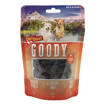 Un paquet de friandises pour animaux de compagnie avec deux chiens jouant dans l'eau, étiqueté "DeliBest Goody" avec les textes "Frisches Fleisch", "Getreide-frei" et "Semi Moist".