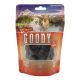 Un paquet de friandises pour animaux de compagnie avec deux chiens jouant dans l'eau, étiqueté "DeliBest Goody" avec les textes "Frisches Fleisch", "Getreide-frei" et "Semi Moist".