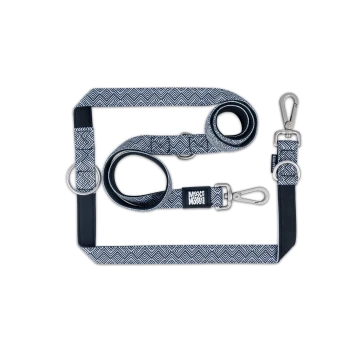 Schwarz-weiß gemustertes Hundeleinen-Set mit Metallclips und Ringen, beschriftet mit „Max & Molly“.