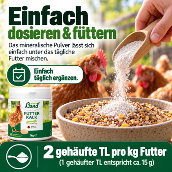 Zwei braune Hühner stehen in einem grasbewachsenen Bereich, mit dem Text 'NATÜRLICHE HALTUNG für glückliche Hühner' deutlich am unteren Rand angezeigt.