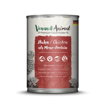 Dose Venandi Animal Premium Katzenfutter mit Huhn als Monoprotein, mit Etiketten, die natürliche Inhaltsstoffe und getreidefrei anzeigen.