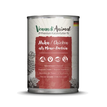 Dose Venandi Animal Premium Katzenfutter mit Huhn als Monoprotein, mit Etiketten, die natürliche Inhaltsstoffe und getreidefrei anzeigen.