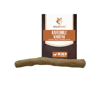Kaffeebaum-Kauspielzeug für Hunde, mit der Aufschrift "Kaffeholz Kaustab" von Wildfang, geeignet für sehr kleine Hunde unter 10 kg.