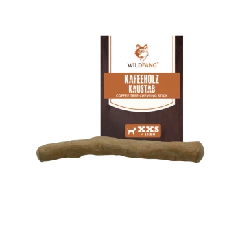 Kaffeebaum-Kauspielzeug für Hunde, mit der Aufschrift "Kaffeholz Kaustab" von Wildfang, geeignet für sehr kleine Hunde unter 10 kg.