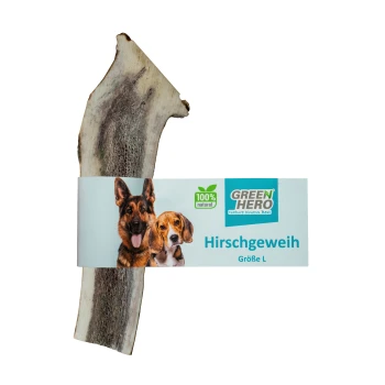 Ein natürlicher Hirschgeweih-Kauartikel für Hunde, beschriftet mit "GREEN HERO", mit Bildern eines Deutschen Schäferhundes und eines Beagles, Größe L.