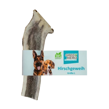 Ein natürlicher Hirschgeweih-Kauartikel für Hunde, beschriftet mit "GREEN HERO", mit Bildern eines Deutschen Schäferhundes und eines Beagles, Größe L.