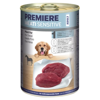 Dosen-Hundefutter mit der Bezeichnung "Premiere Meati Sensitive", das "Reines Pferd" als Hauptzutat enthält, mit Bildern von rohem Fleisch und einem Hund.