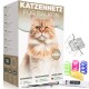 Eine Box mit Balkon-Katzennetz mit einer flauschigen Katze auf der Vorderseite, mit mehrsprachigem Text und enthaltenem Installationszubehör.