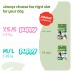 Puppy treat size chart: XS/S 2–9 kg (28 days); M/L 9–18 kg (14 days). Advised: 1 chew/day. Whimzees pack shown
