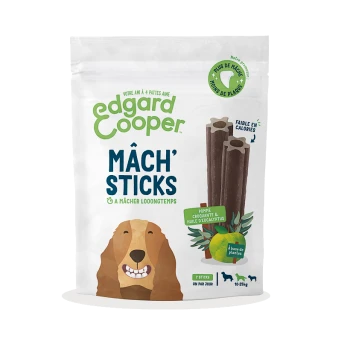Emballage de friandises pour chiens avec Edgard Cooper Mâch' Sticks, illustré par un chien souriant, indiquant "7 bâtonnets" et "pauvre en calories".