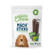 Emballage de friandises pour chiens avec Edgard Cooper Mâch' Sticks, illustré par un chien souriant, indiquant "7 bâtonnets" et "pauvre en calories".