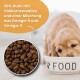 Ein Hund frisst aus einer Edelstahlschüssel, Nahaufnahme von Trockenfutter, mit dem Text: "30% Huhn mit Vollkorn und Omega-6/3-Mix."