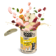Eine Dose DOGS'n TIGER Tiernahrung mit der Aufschrift "PROVIANT Huhn mit Ente, Apfel & Kartoffel," mit Stücken von Huhn, Ente, Apfel und Kartoffel.