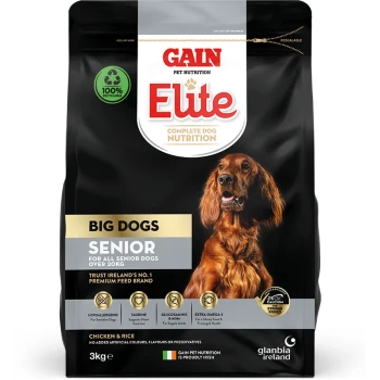 Gain Elite Complete Dog Nutrition bag for senior large dogs, featuring a golden retriever and highlighting chicken, rice, and key nutrients.