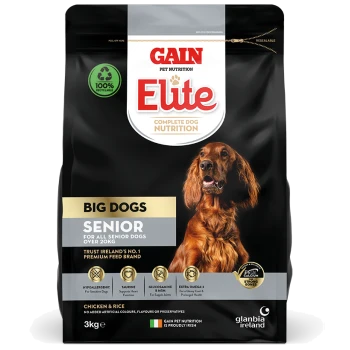 Gain Elite Complete Dog Nutrition bag for senior large dogs, featuring a golden retriever and highlighting chicken, rice, and key nutrients.