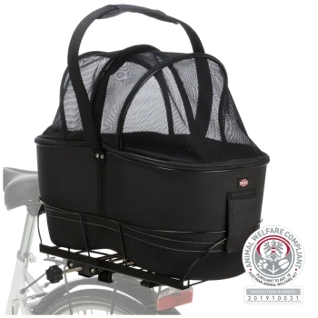 Schwarze Tragetasche für Haustiere mit Netzoberseite, entworfen für den Einsatz am Fahrrad, am Fahrradträger befestigt; mit Trixie-Logo und Tierwohl-Zertifikat.