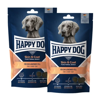 Deux paquets de friandises fonctionnelles Happy Dog Skin & Coat pour un pelage brillant avec spiruline, biotine et zinc.
