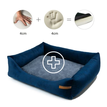 Marineblaue Haustierbett mit einem weichen grauen Zentrum, mit einer Hand- und Handflächenabdruckillustration, die Komfortschichten von jeweils 4 cm anzeigt.