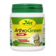 Behälter von cdVet ArthroGreen Plus, einem natürlichen Ergänzungsmittel für die Gelenkpflege, mit einem grünen Deckel und Bildern gesunder Gelenke.