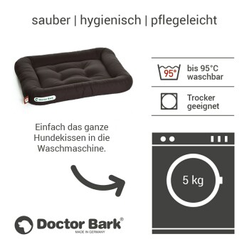Schwarzes Hundebett mit gepolstertem Design, beschriftet mit "Doctor Bark", mit Waschhinweisen: maschinenwaschbar bis 95°C und trocknergeeignet.