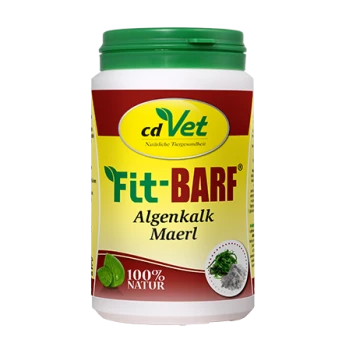 Behälter von cdVet Fit-BARF Algenkalk Maerl, beschriftet mit 100% Natur, mit einem grünen Deckel und Bildern von Algen.
