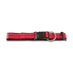 Rotes gepolstertes Hundehalsband mit reflektierender Naht, schwarzer Kunststoffschließe mit Aufschrift 'WOLTERS' und Metall-D-Ring.