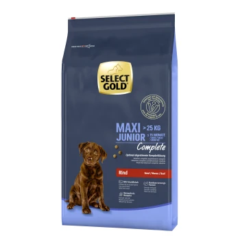Complete Maxi Junior Wołowina 12 kg Torba z karmą dla psów Select Gold Maxi Junior, odpowiednia dla psów powyżej 25 kg, z wołowiną jako głównym składnikiem, oznaczona "Complete."