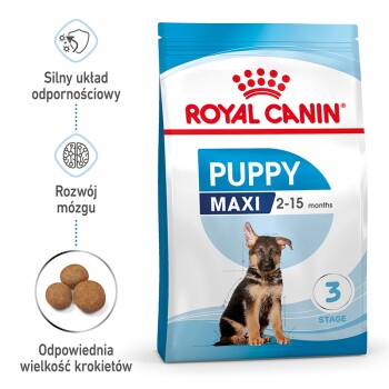 Torba karmy dla psów Royal Canin Puppy Maxi dla szczeniąt w wieku 2-15 miesięcy, podkreślająca wsparcie odporności, rozwój mózgu i rozmiar krokietów.