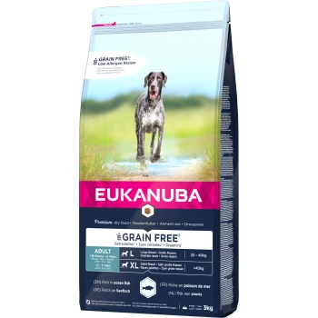 Eukanuba Getreidefreies Hundefutterpaket mit einem laufenden Hund auf der Vorderseite, gekennzeichnet als Premium-Trockenfutter für große und riesige Rassen, 3 kg.