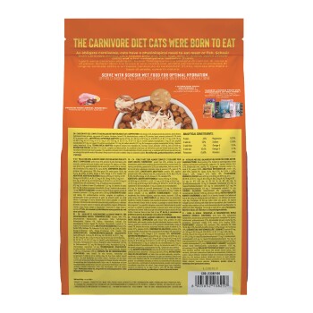 Back of Schesir cat food package with text "The carnivore diet cats were born to eat," feeding instructions, ingredients, and nutritional info.