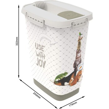 Ein Haustierfutterlagerbehälter mit einem Deckel, beschriftet "USE WITH JOY," verziert mit Bildern eines Kaninchens, einer Katze, einem Hund, einem Fisch und einem Chamäleon.