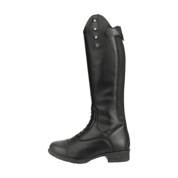 Schwarze Reitstiefel mit einem eleganten Design, mit einer Schnürfront, dekorativen Knöpfen und einer stabilen Sohle.
