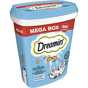 Un contenant bleu "Dreamies Mega Box" avec 350g de friandises pour chats, présentant des illustrations de chats et de poissons joueurs, et un texte multilingue.