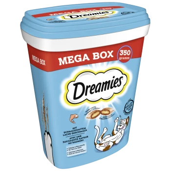 Ein blauer "Dreamies Mega Box" Behälter mit 350 g Katzenleckerlis, mit verspielten Katzen- und Fischillustrationen und mehrsprachigem Text.